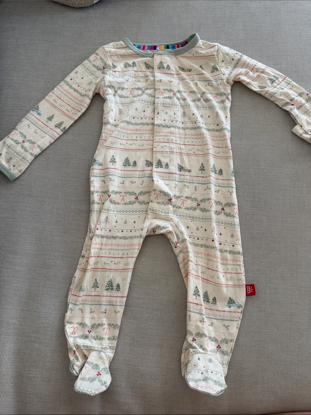Magnetic Me Cream Holiday-Print Footed One-Piece with Red & Green Accents